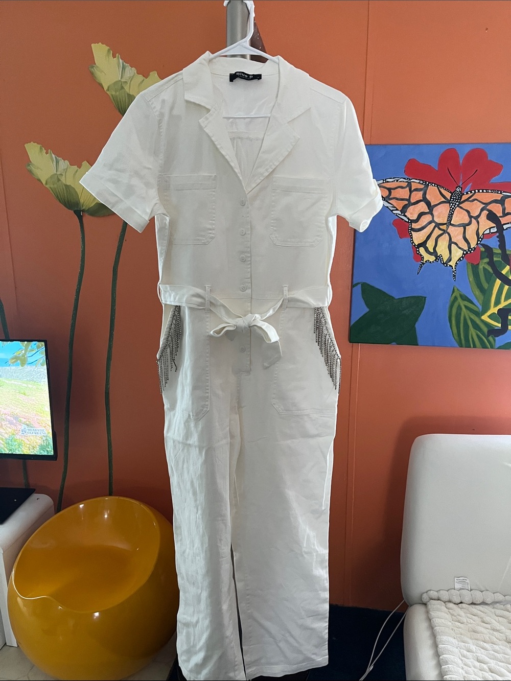 Short-Sleeve White Utility Jumpsuit with Tie Waist